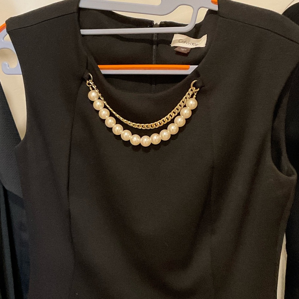 Calvin Klein Black Sleeveless Dress with Faux Pearl and Gold Chain